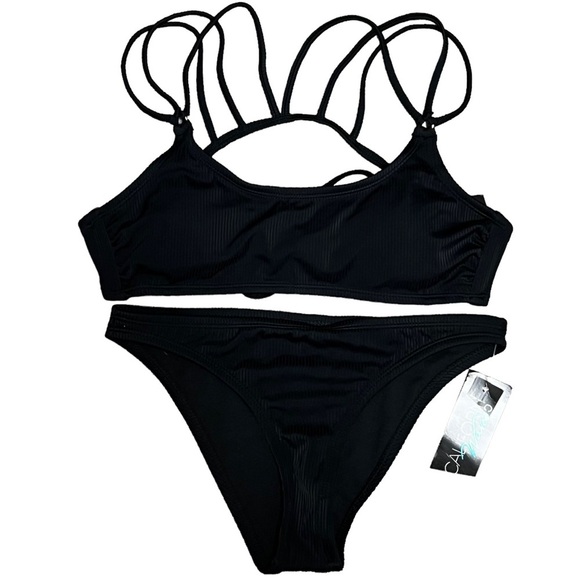 NWT California Waves Bikini Set Junior's Small OR Medium Black Ribbed Strappy - Picture 2 of 16